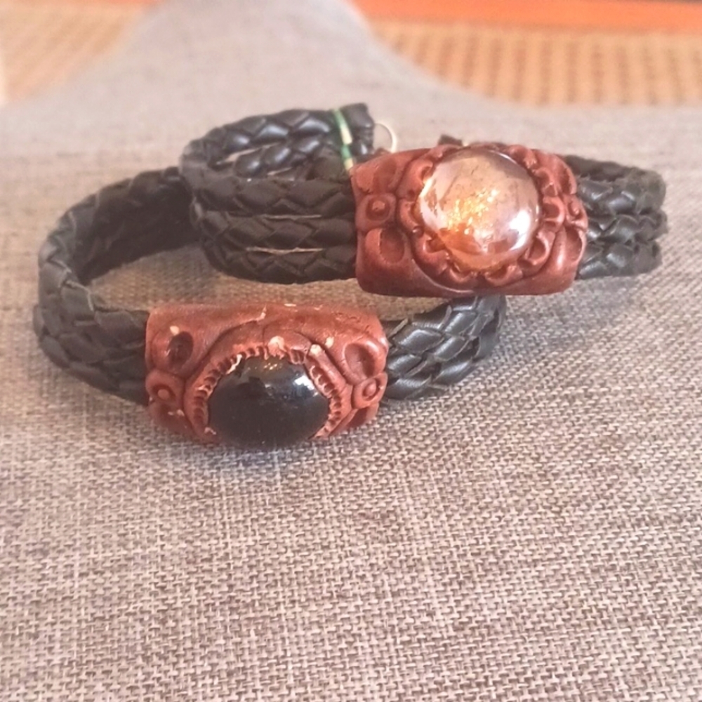 Black Leather Bracelets with Black and Amber Glass Centres - Pre-loved (7")